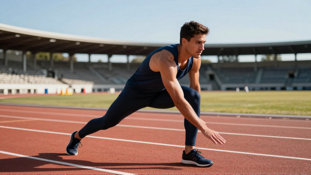 Un atleta masculino realiza estiramientos dinámicos en una pista de atletismo bajo la luz del sol.