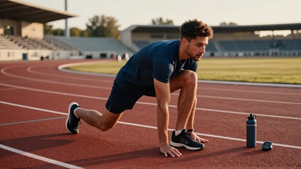 Atleta profesional realiza estiramientos dinámicos en una pista de atletismo roja durante el amanecer.