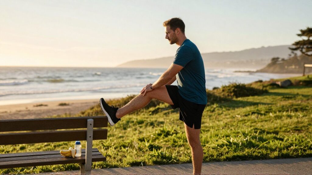 Atleta estirando una pierna en un sendero costero durante el amanecer junto a una banca con fruta.