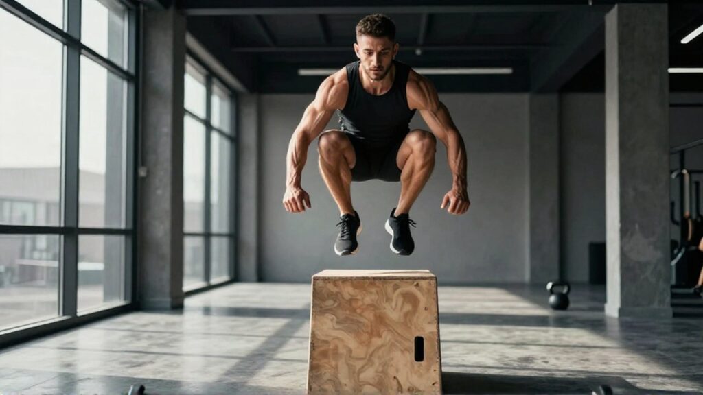 Atleta musculoso realizando un salto explosivo sobre un cajón de madera en un estudio de entrenamiento moderno.