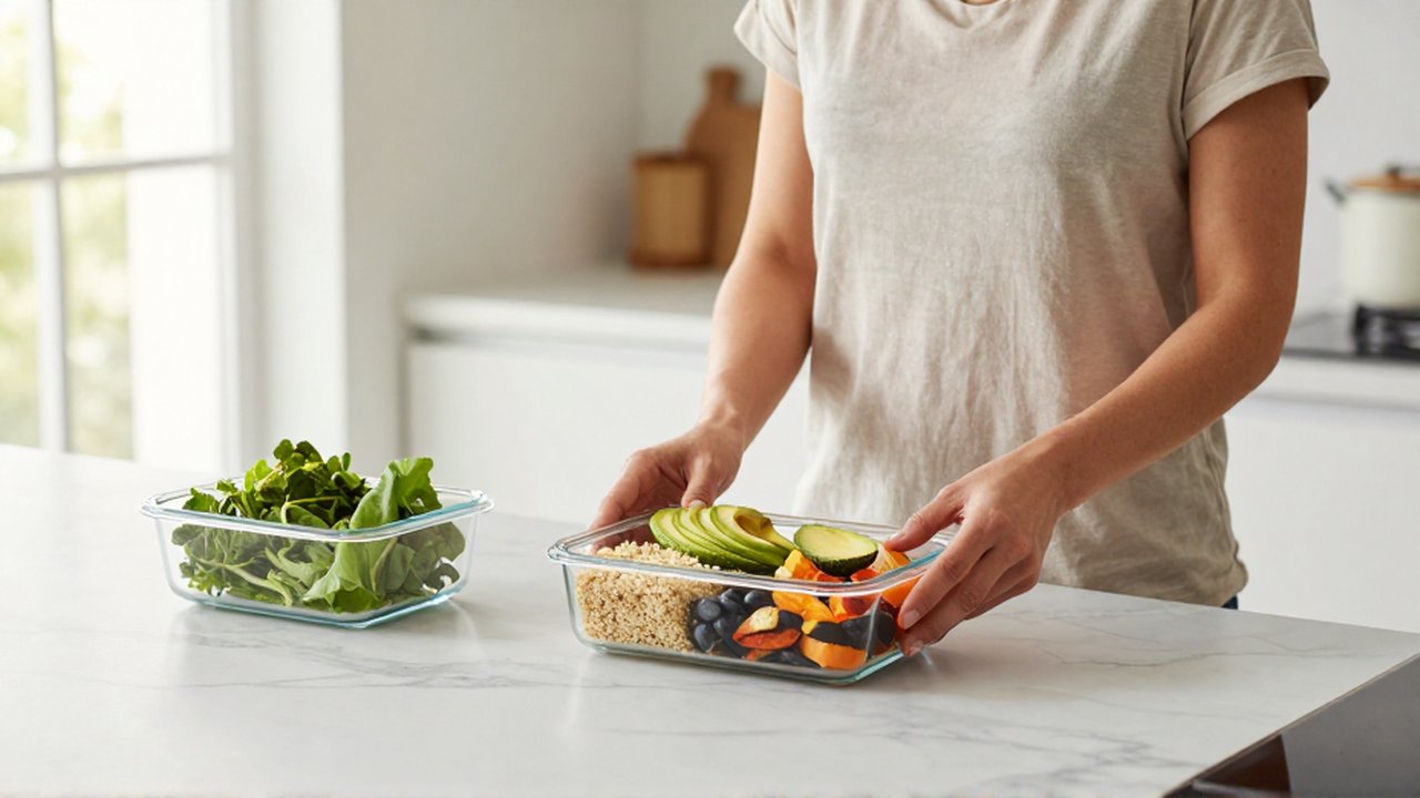 Una mujer prepara recipientes con alimentos saludables y coloridos en una cocina moderna y luminosa.