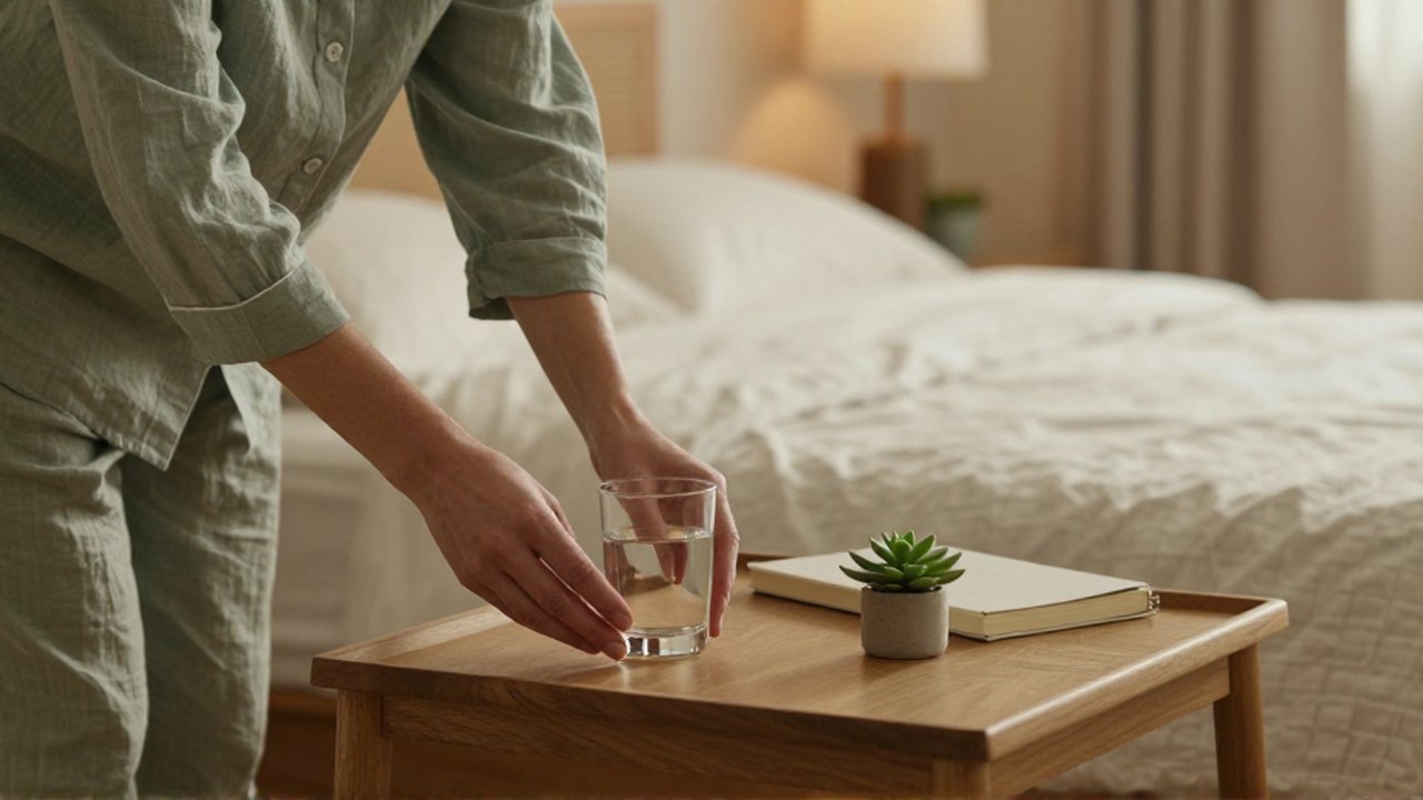 Una persona organiza una mesa de noche minimalista en un dormitorio tranquilo y acogedor.