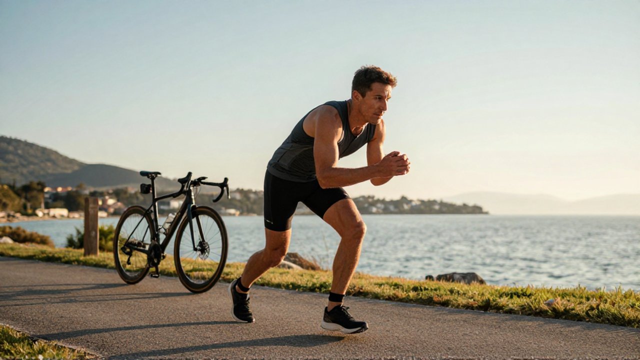 Triatleta entrenando en un sendero junto a un lago durante el amanecer.