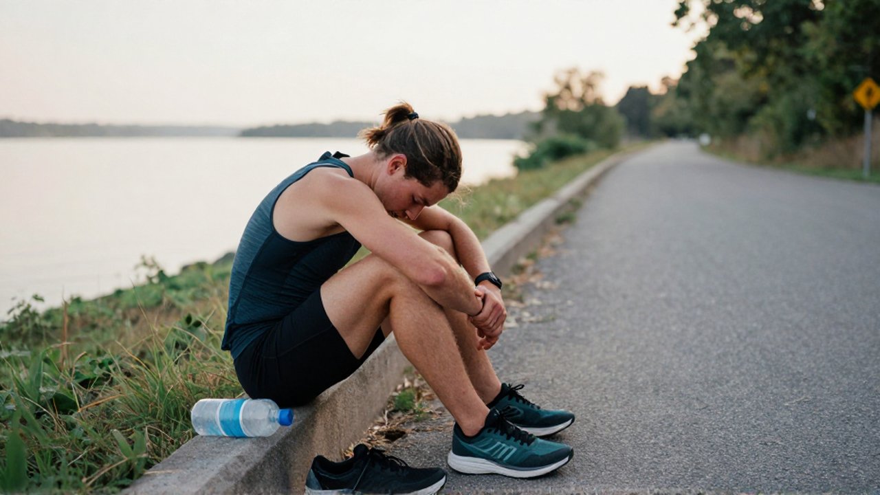 Un triatleta agotado descansa sentado en un bordillo junto a un sendero junto a un lago.