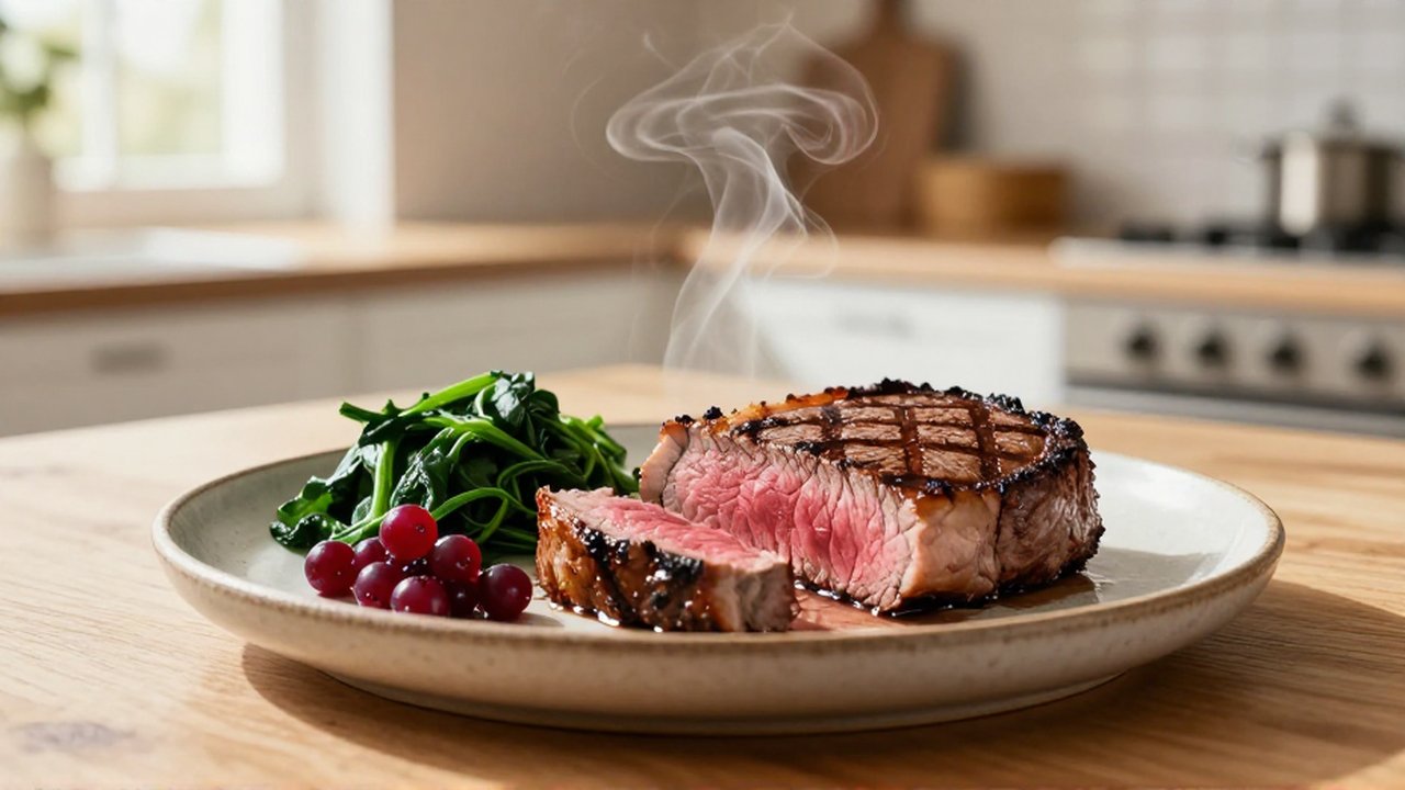 Filete de carne término medio en rodajas sobre un plato con espinacas y frutos rojos.