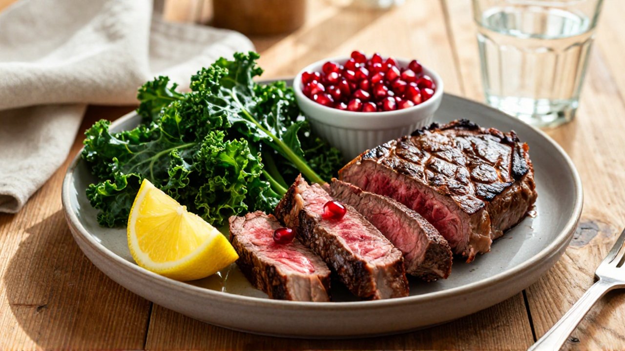 Filete de carne término medio acompañado de kale y granos de granada sobre una mesa de madera.