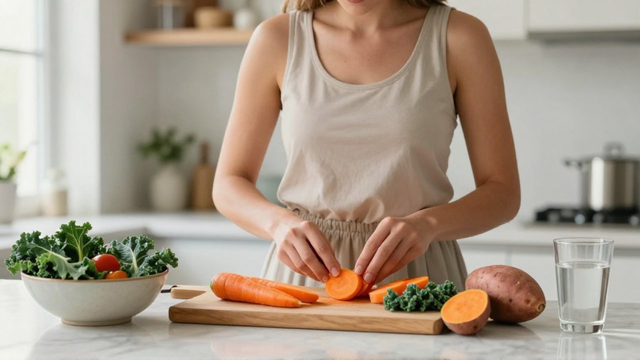 Mujer preparando vegetales frescos como zanahorias y col rizada en una cocina luminosa y moderna.
