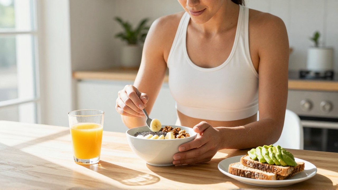Atleta preparando un tazón de yogur con frutas en una cocina luminosa y moderna.