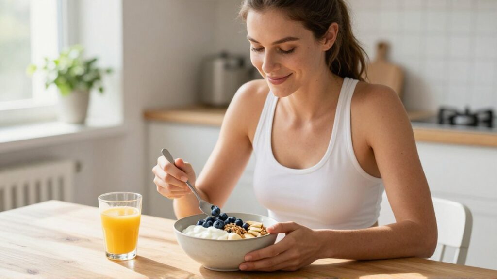 Mujer sonriente sentada en una cocina iluminada disfrutando de un tazón de yogur con frutas.