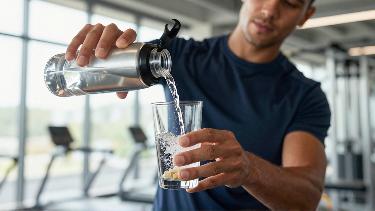 Primer plano de un atleta vertiendo agua en un vaso con tabletas de electrolitos.
