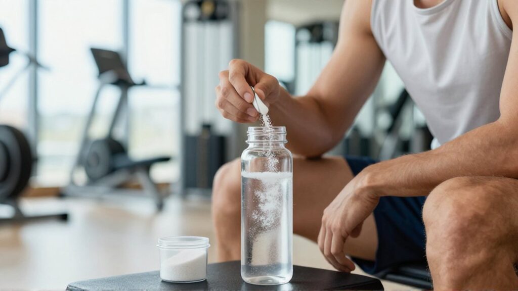 Un atleta prepara su hidratación mezclando electrolitos en una botella de agua dentro de un gimnasio moderno.