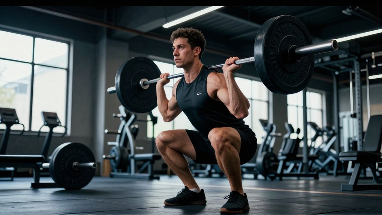 Atleta musculoso realiza una sentadilla pesada con barra en un gimnasio industrial moderno.