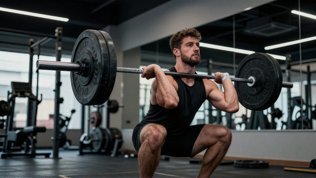Atleta musculoso realiza una sentadilla con barra pesada en un gimnasio de estilo industrial.