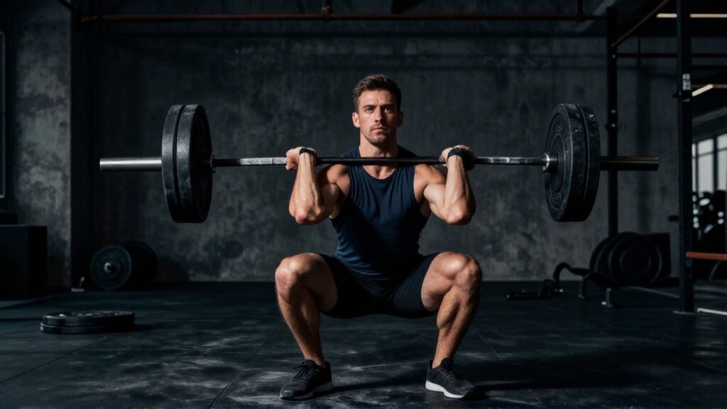 Atleta musculoso realiza una sentadilla con barra pesada en un gimnasio industrial de estilo minimalista.