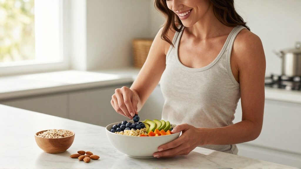 Mujer sonriente prepara un tazón de quinoa con aguacate y arándanos en una cocina luminosa.