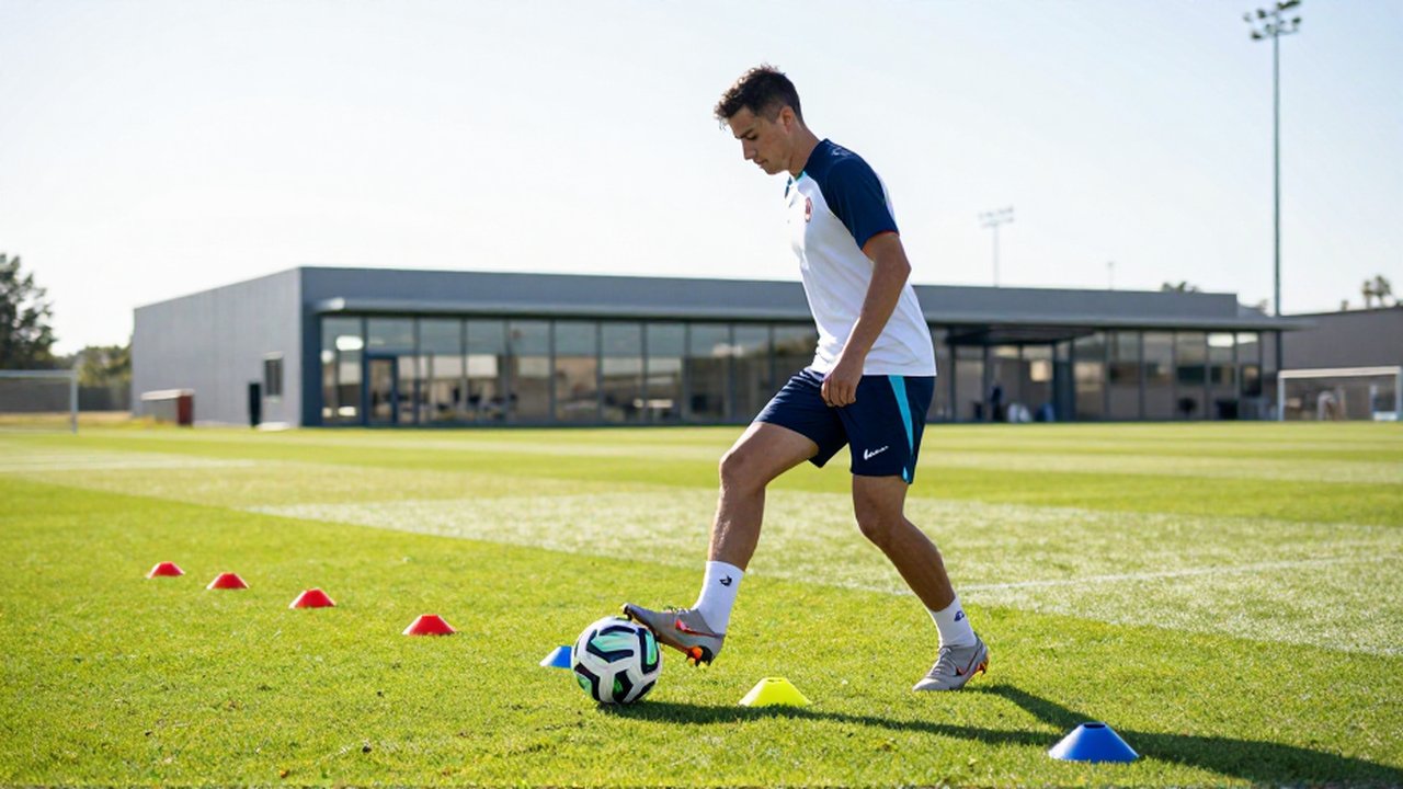 Futbolista realizando ejercicios de control de balón entre conos en un campo de entrenamiento soleado.