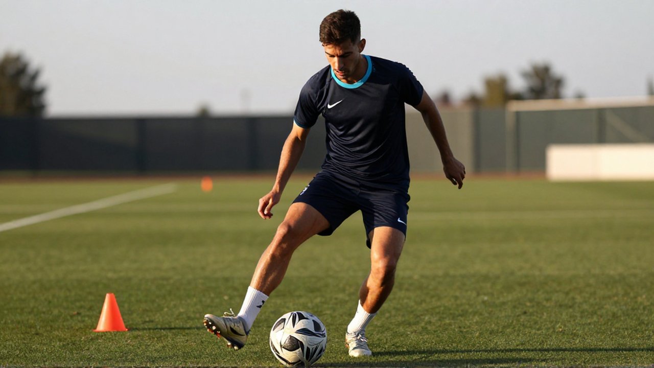 Atleta concentrado realiza ejercicios de control de balón sobre césped en un campo de entrenamiento.