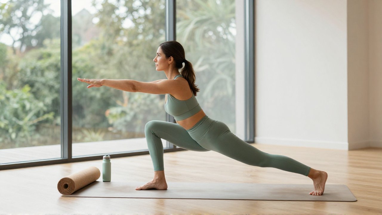 Mujer realizando un estiramiento de zancada profunda en un luminoso estudio de yoga minimalista.