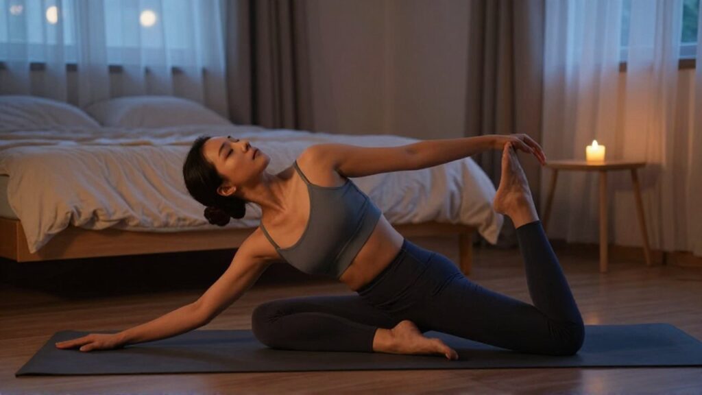 Mujer realizando estiramientos de yoga en un dormitorio tenue iluminado por una vela.